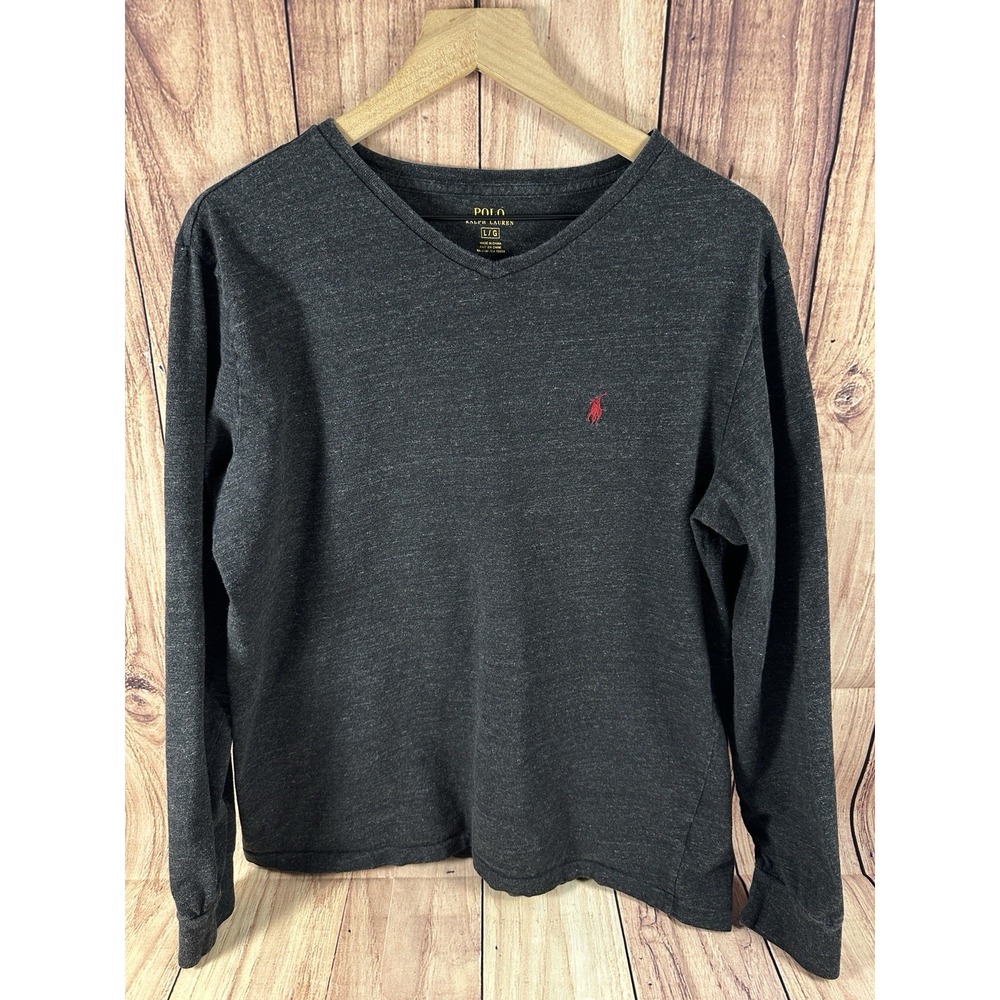 Polo Ralph Lauren‎ Mens Vneck Shirt LARGE Gray Cotton Long Sleeve LG